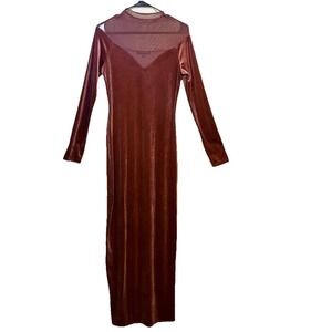 FORE Velvet Maxi Dress Mesh Yoke Long Sleeve Rust Brown Size L